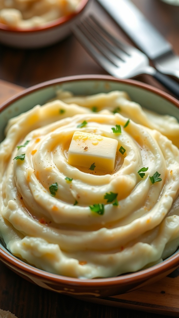 Rich and Creamy Garlic Mashed Potatoes Recipe A bowl of creamy garlic mashed potatoes topped with butter and parsley on a dining table.